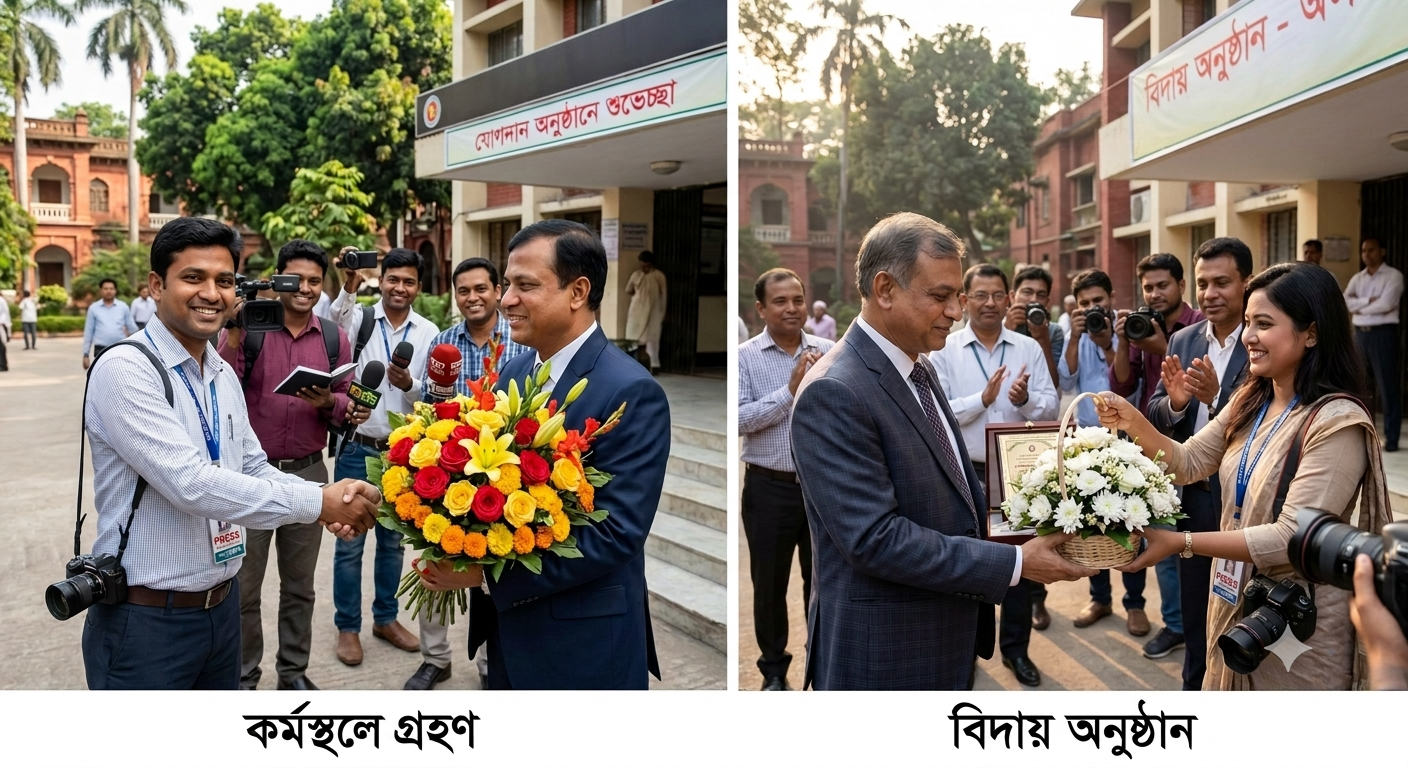 সরকারি কর্মকর্তাকে সাংবাদিকদের ফুলেল সংবর্ধনাঃ পেশাগত নীতি ও নিরপেক্ষতা নিয়ে প্রশ্ন।